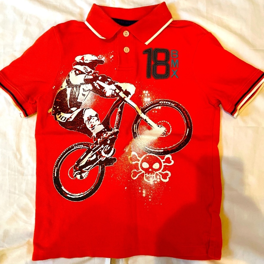 OshKosh B'gosh Boys Size 5 Red BMX Graphic Polo Shirt Bike Rider Kids Top